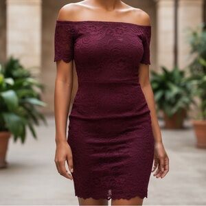 Ambiance Off-Shoulder Lace Mini Dress in Deep Burgundy